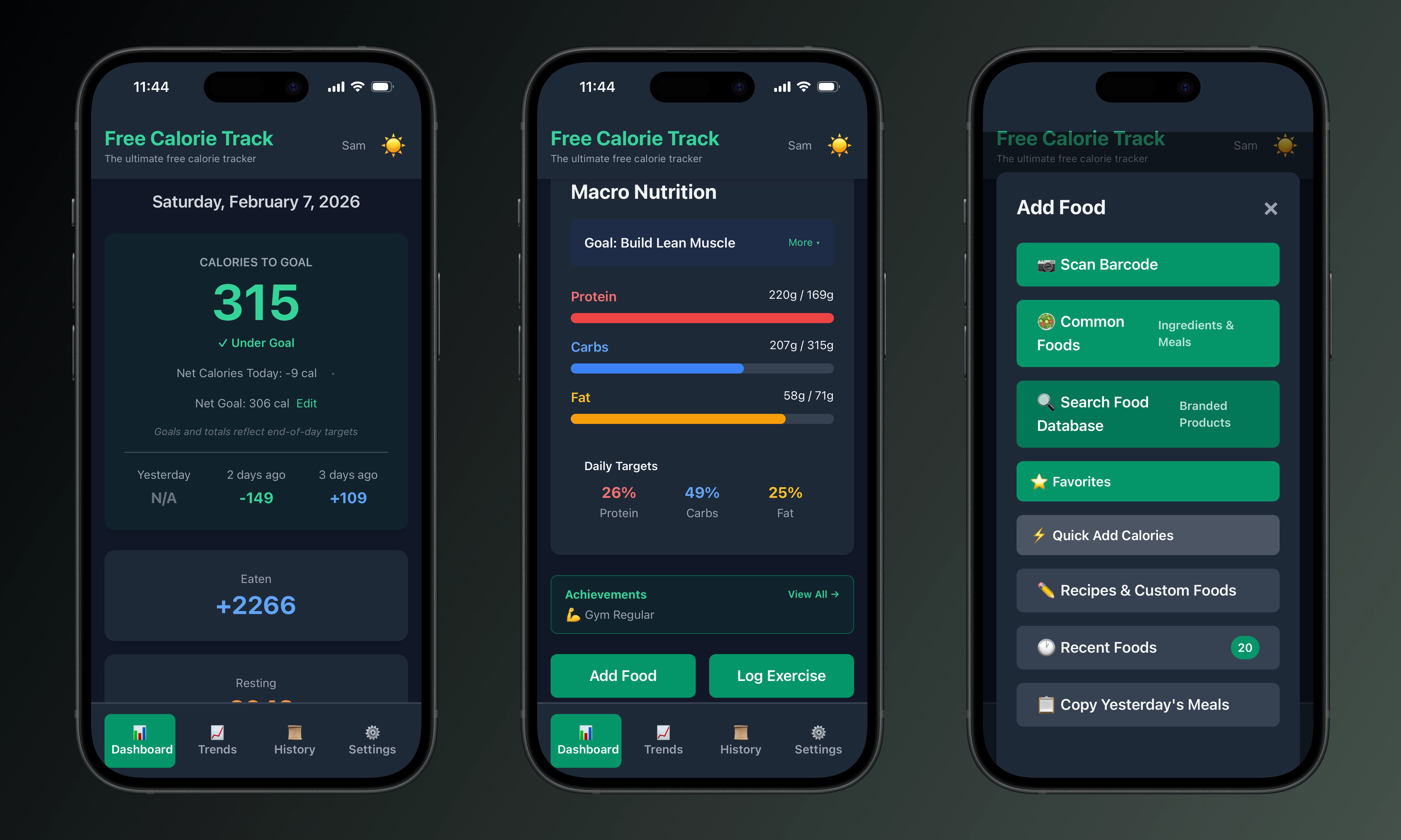 Free Calorie Track macro tracker showing protein, carbs, and fat progress bars