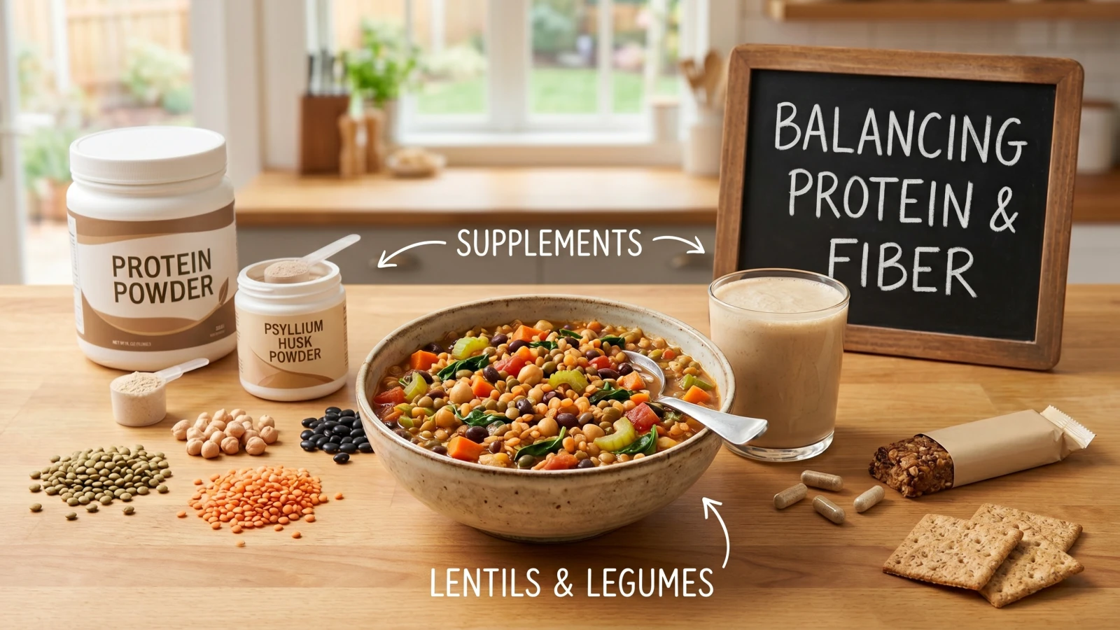 High protein and high fiber foods including chicken, lentils, edamame, and vegetables