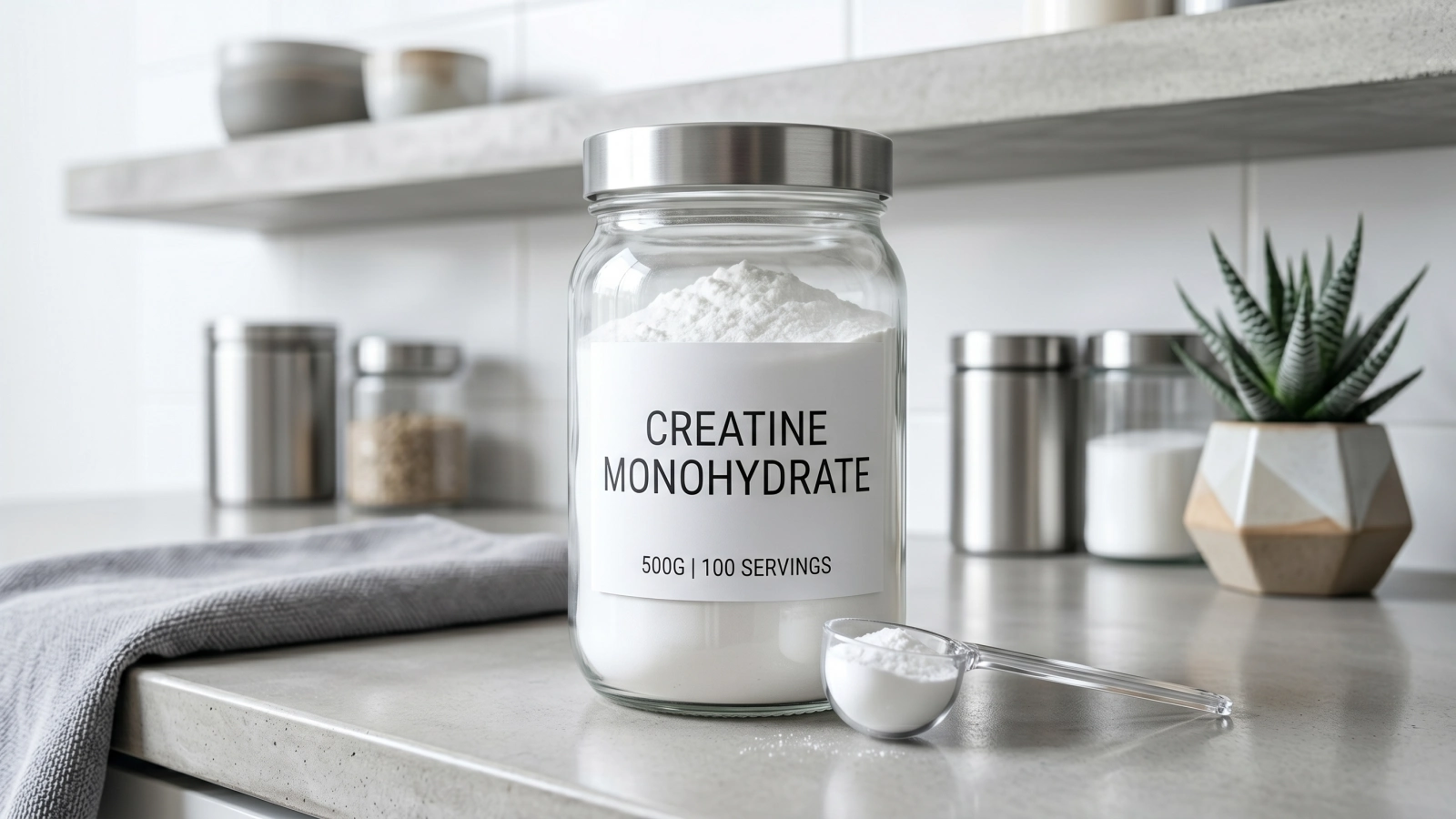 Creatine powder with a measuring scoop beside a water bottle