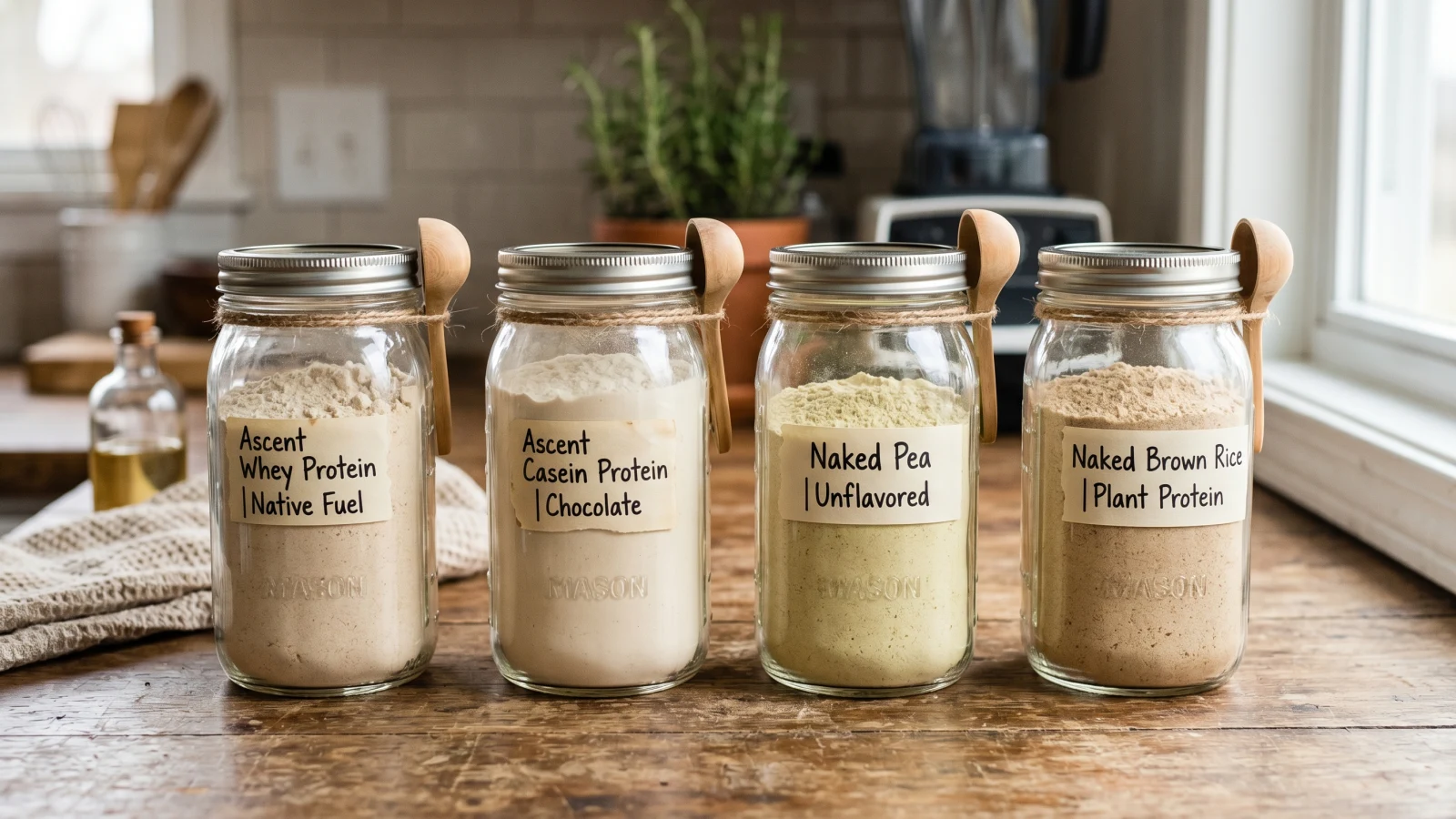 Protein powder supplement with a scoop beside a shaker bottle