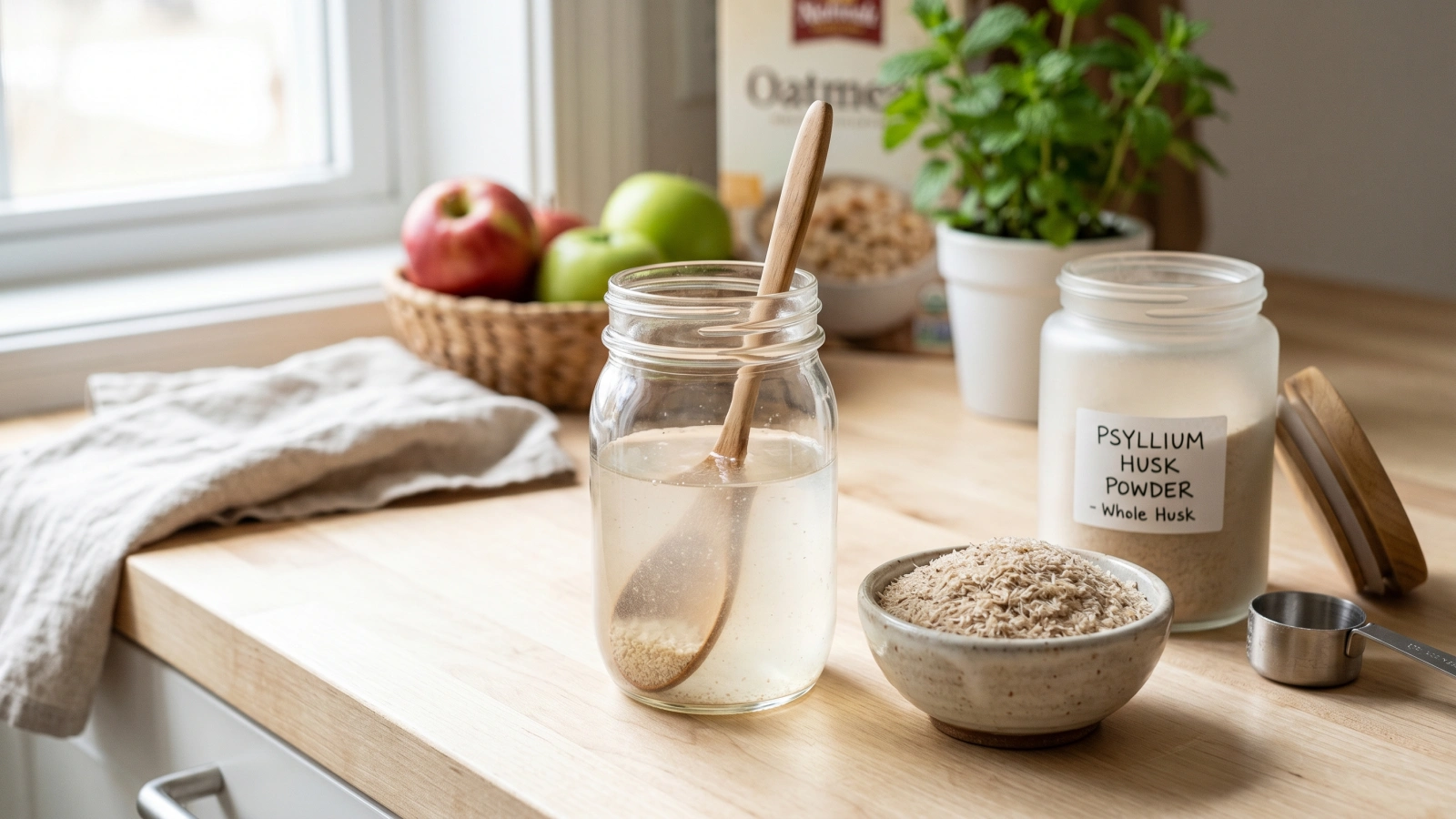 Psyllium husk fiber powder beside a glass of water and a smoothie